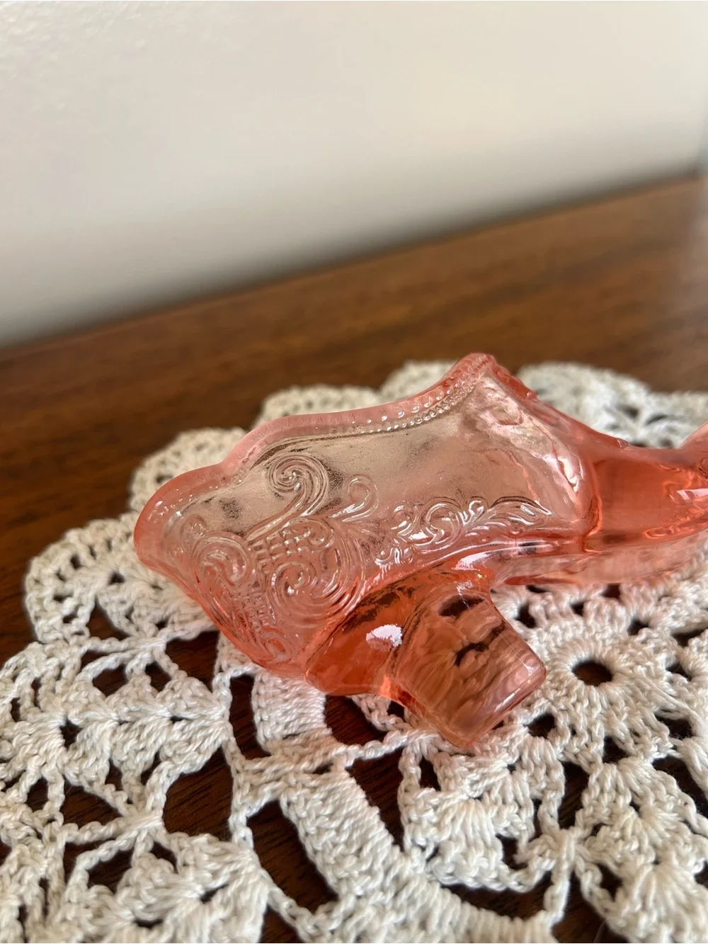 Vintage Mosser Glass 1990’s Scroll Slipper #109 Rose Transparent Pink Bow Detail